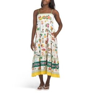 Maison d'Amelie Linen Maxi Dress XS Tropical Print Smocked Resort Sundress NWT